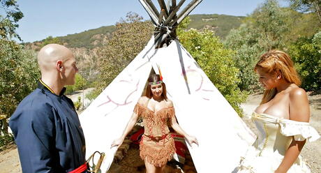 Amazing girls Ann Marie Rios and Bridgette B enjoy amazing group sex outdoor