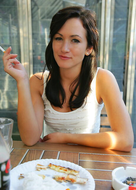 Svelte czech brunette teen Tess Lyndon in smoking fetish outdoor